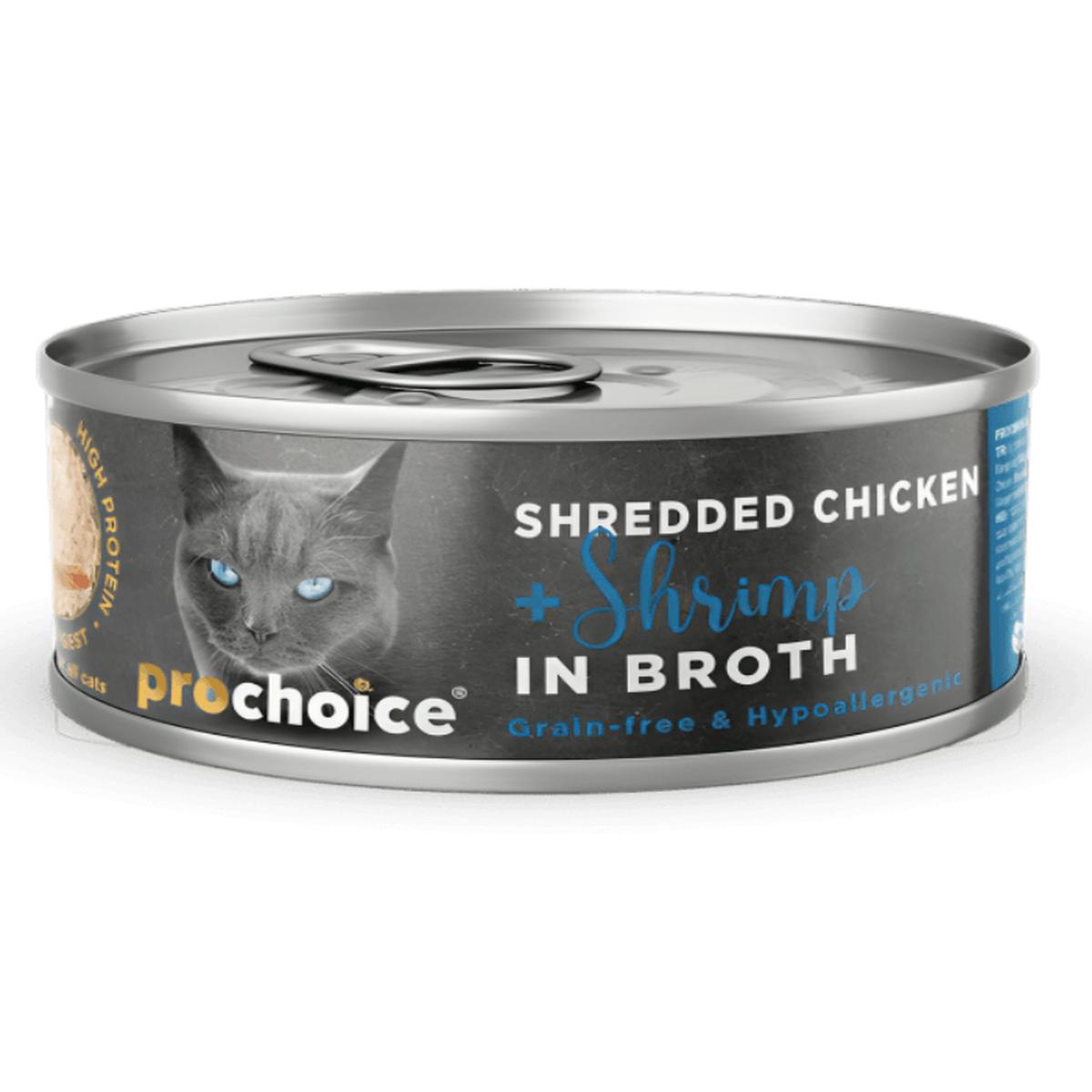 Prochoice  Shredded Grain-Free Wet Cat Food with Fresh Chicken & Shrimp in Broth, Hypoallergenic  70g