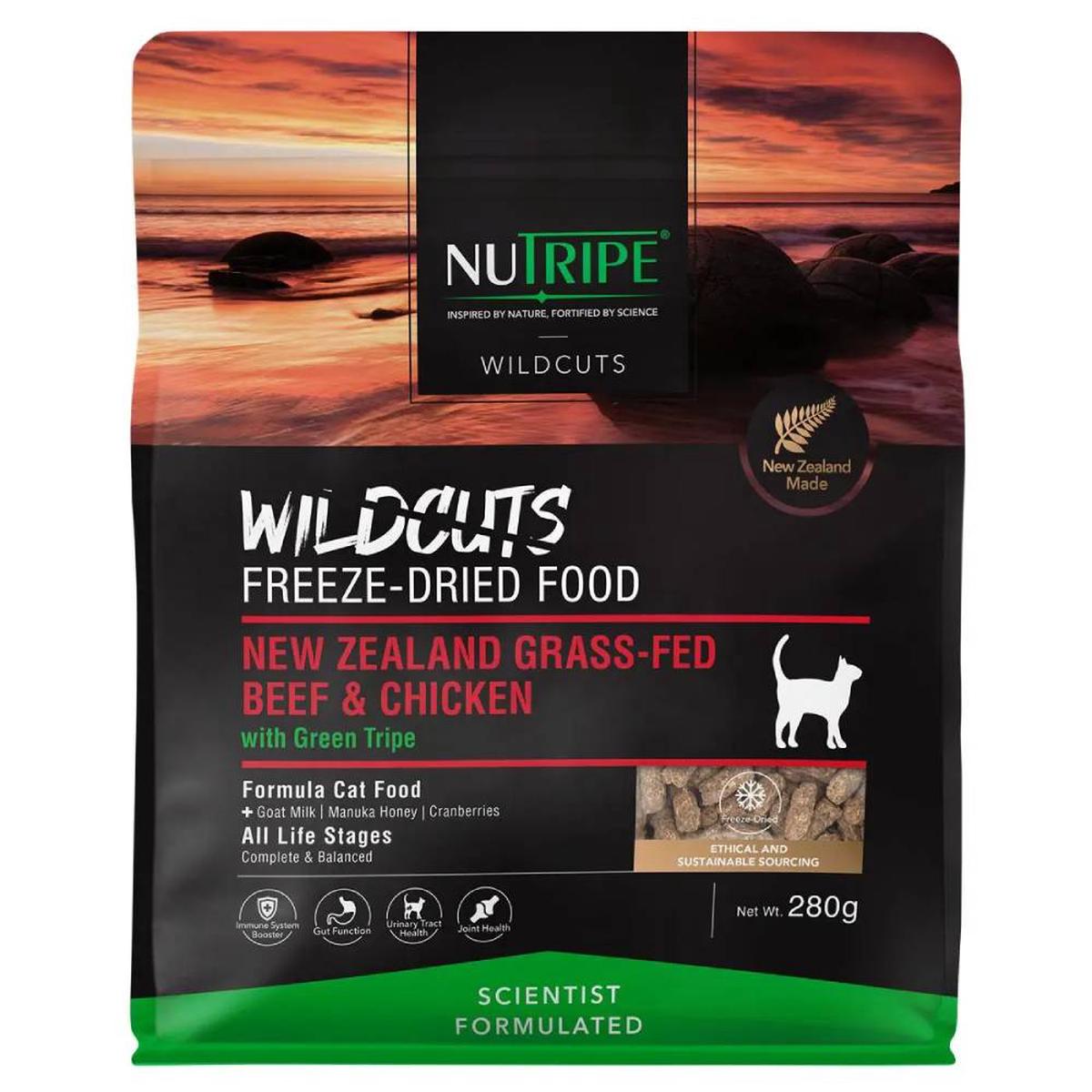 '35% OFF (Exp 28Aug26)': Nutripe Wildcuts NZ Grass-Fed Beef & Chicken with Green Tripe Freeze-Dried Raw Cat Food 280g